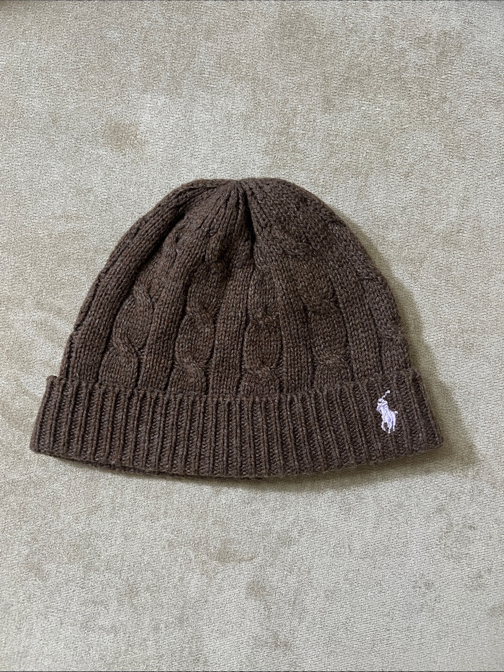 Ralph Lauren Dark Brown Cable Knit Beanie with Polo Logo OS